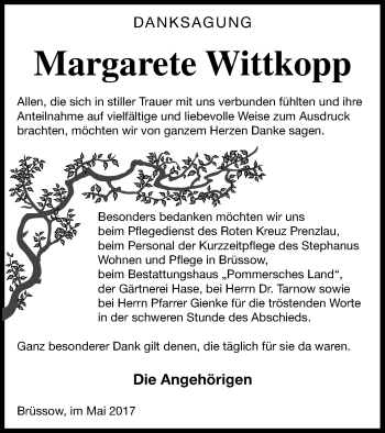 Traueranzeige von Margarete Wittkopp von Pasewalker Zeitung