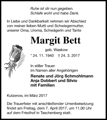 Traueranzeige von Margit Bett von Prenzlauer Zeitung