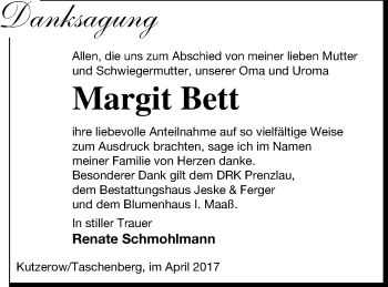 Traueranzeige von Margit Bett von Prenzlauer Zeitung