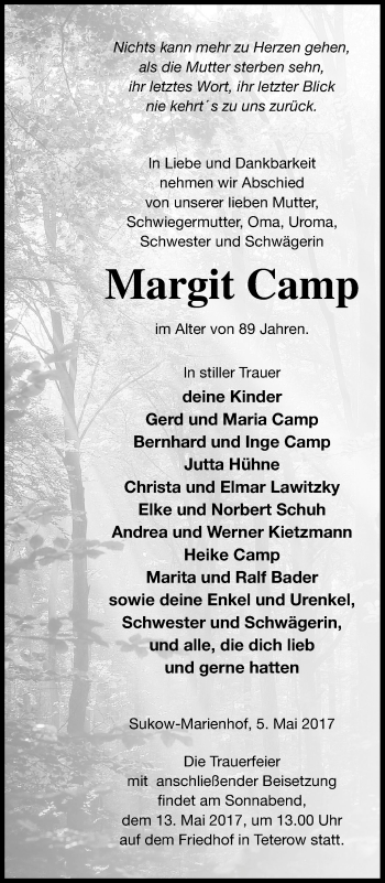 Traueranzeige von Margit Camp von Mecklenburger Schweiz