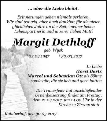 Traueranzeige von Margit Dethloff von Neubrandenburger Zeitung