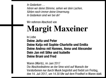 Traueranzeige von Margit Maxeiner von Müritz-Zeitung