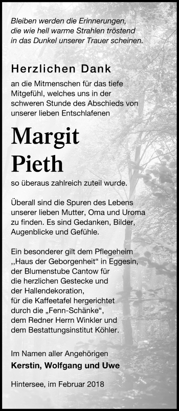 Traueranzeige von Margit Pieth von Haff-Zeitung