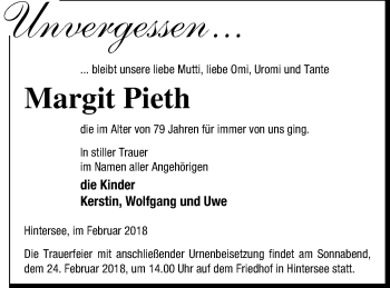 Traueranzeige von Margit Pieth von Haff-Zeitung