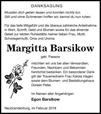 Traueranzeige von Margitta Barsikow von Neubrandenburger Zeitung