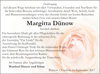 Traueranzeige von Margitta Dünow von Vorpommern Kurier