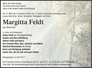 Traueranzeige von Margitta Feldt von Haff-Zeitung