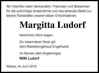 Traueranzeige von Margitta Ludorf von Müritz-Zeitung