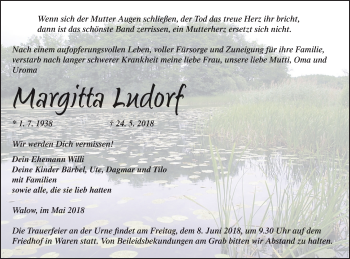 Traueranzeige von Margitta Ludorf von Müritz-Zeitung