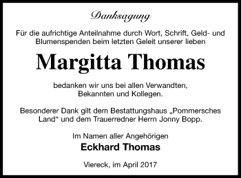 Traueranzeige von Margitta Thomas von Pasewalker Zeitung