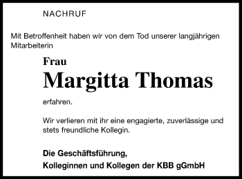 Traueranzeige von Margitta Thomas von Pasewalker Zeitung