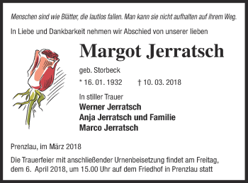 Traueranzeige von Margot Jerratsch von Prenzlauer Zeitung