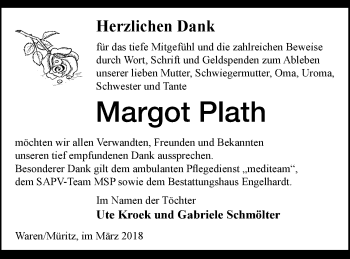 Traueranzeige von Margot Plath von Müritz-Zeitung