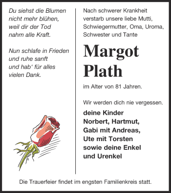 Traueranzeige von Margot Plath von Müritz-Zeitung