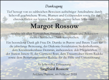 Traueranzeige von Margot Rossow von Vorpommern Kurier