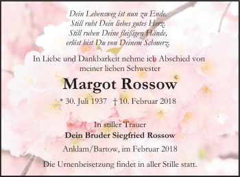 Traueranzeige von Margot Rossow von Neubrandenburger Zeitung