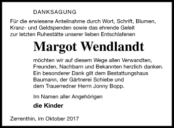 Traueranzeige von Margot Wendlandt von Pasewalker Zeitung