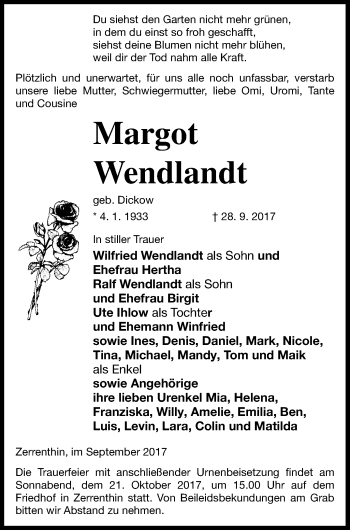 Traueranzeige von Margot Wendlandt von Pasewalker Zeitung