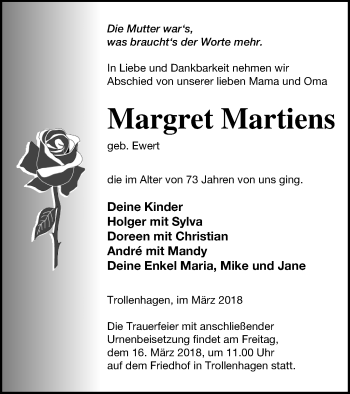 Traueranzeige von Margret Martiens von Neubrandenburger Zeitung