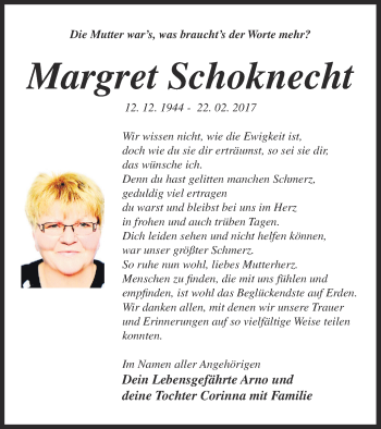 Traueranzeige von Margret Schoknecht von Neubrandenburger Zeitung