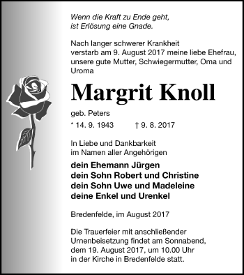 Traueranzeige von Margrit Knoll von Mecklenburger Schweiz