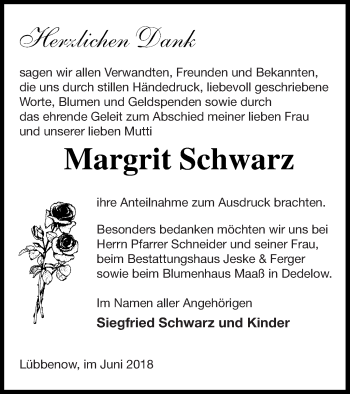 Traueranzeige von Margrit Schwarz von Pasewalker Zeitung