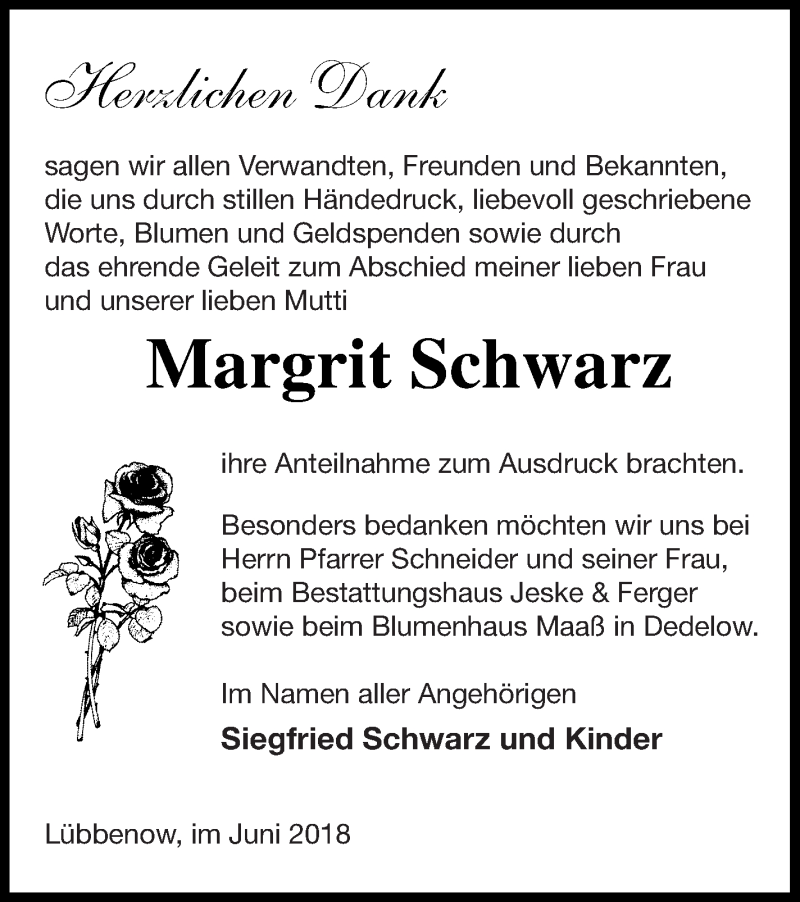  Traueranzeige für Margrit Schwarz vom 29.06.2018 aus Pasewalker Zeitung