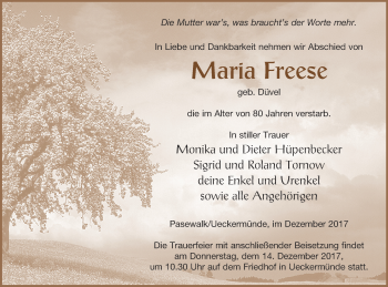 Traueranzeige von Maria Freese von Pasewalker Zeitung