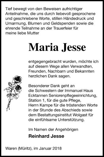 Traueranzeige von Maria Jesse von Müritz-Zeitung