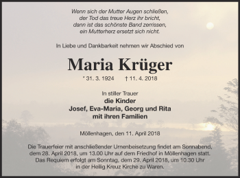 Traueranzeige von Maria Krüger von Müritz-Zeitung