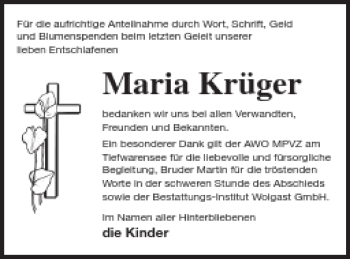 Traueranzeige von Maria Krüger von Müritz-Zeitung