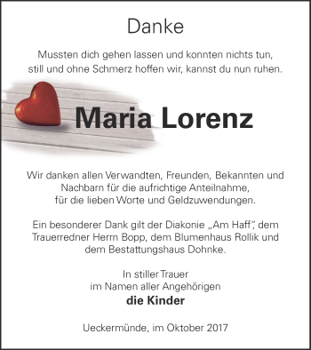 Traueranzeige von Maria Lorenz von Haff-Zeitung