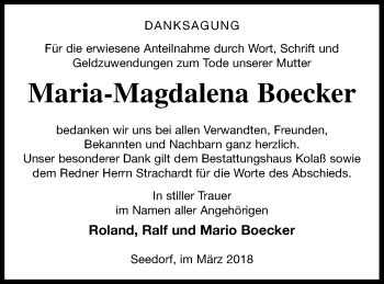 Traueranzeige von Maria-Magdalena Boecker von Demminer Zeitung