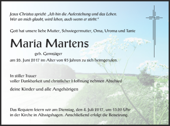 Traueranzeige von Maria Martens von Haff-Zeitung