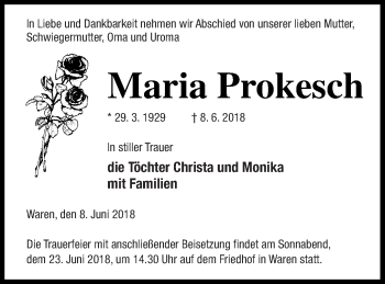 Traueranzeige von Maria Prokesch von Müritz-Zeitung