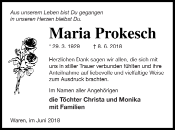 Traueranzeige von Maria Prokesch von Müritz-Zeitung