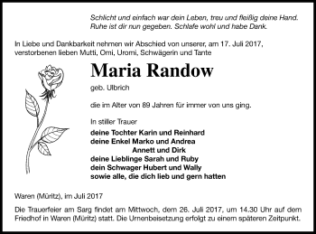 Traueranzeige von Maria Randow von Müritz-Zeitung