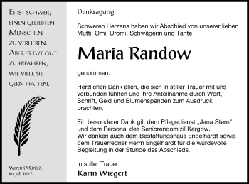 Traueranzeige von Maria Randow von Müritz-Zeitung