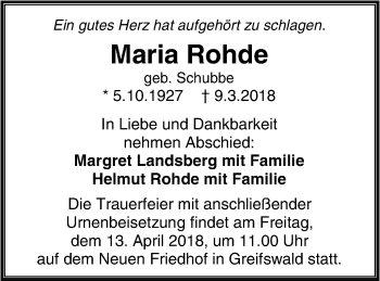 Traueranzeige von Maria Rohde von Vorpommern Kurier