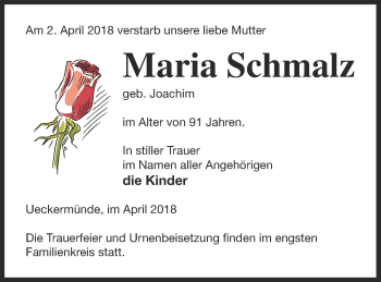 Traueranzeige von Maria Schmalz von Haff-Zeitung