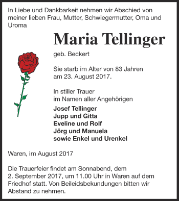 Traueranzeige von Maria Tellinger von Müritz-Zeitung