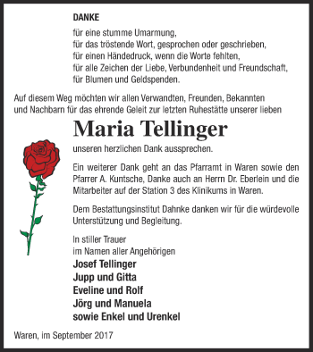 Traueranzeige von Maria Tellinger von Müritz-Zeitung