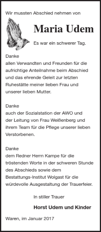 Traueranzeige von Maria Udem von Müritz-Zeitung
