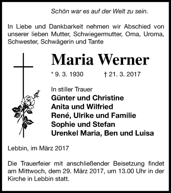 Traueranzeige von Maria Werner von Neubrandenburger Zeitung