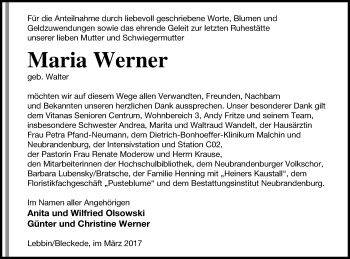 Traueranzeige von Maria Werner von Neubrandenburger Zeitung