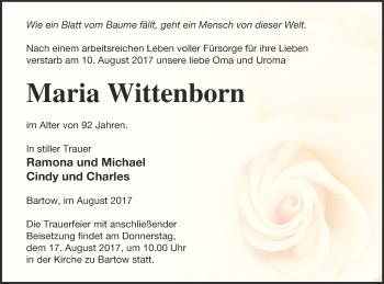 Traueranzeige von Maria Wittenborn von Neubrandenburger Zeitung