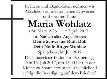 Traueranzeige von Maria Wohlatz von Vorpommern Kurier