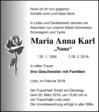 Traueranzeige von Maria Anna Karl von Vorpommern Kurier