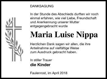 Traueranzeige von Maria Luise Nippa von Mecklenburger Schweiz