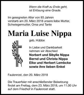 Traueranzeige von Maria Luise Nippa von Mecklenburger Schweiz